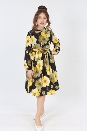 Kız Çocuk Günlük Rahat Şifon Kumaş Çiçekli Yazlık Rahat Astarlı Diz Altı Uzun Kol Elbise ELB-1020