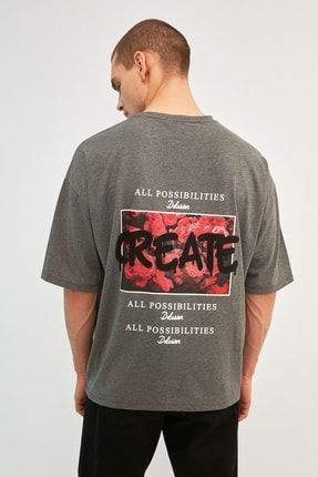 Antrasit Erkek Oversize Baskılı Kısa Kollu 100%Pamuklu T-Shirt TMNSS21TS0878