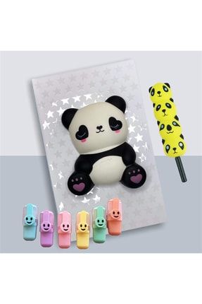 Gülen Yüz Pastel Mini 6'lı Fosforlu Kalem Ve Sarı Panda Squishy Seti TYC00456941986