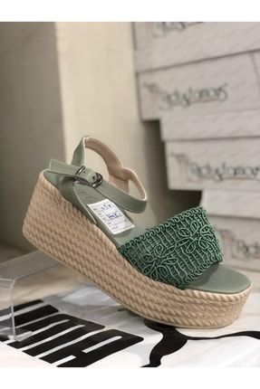 Dantel Yeşil Topuklu Sandalet Topuklu Yazlık Ayakkabı AK0100369