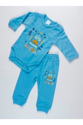 Baby Erkek Mavi Robot Desenli Pamuklu Çıtçıtlı Uzun Kol Body Ve Alt Pijama LG-3295-4112-AÇIK MAVİ ROBOT