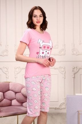 Kadın Köpek Baskılı Kapri Şortlu Pijama Takımı Pembe PJM50541Y0002PMB