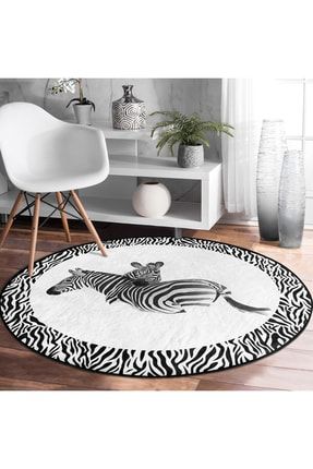 Zebra Çerçeveli Desenli Dijital Baskılı Siyah Banyo Yıkanabilir Kaymaz Tabanlı Yuvarlak Halı HaliYuv-Comfort-Ryl191