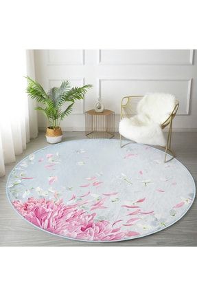 Pastel Zeminli Renkli Ortanca Çiçek Modern Pembe Mutfak Yıkanabilir Kaymaz Tabanlı Yuvarlak Halı HaliYuv-Comfort-8927