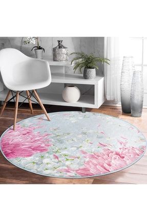 Pastel Zeminli Renkli Ortanca Çiçek Modern Pembe Mutfak Yıkanabilir Kaymaz Tabanlı Yuvarlak Halı HaliYuv-Comfort-8926