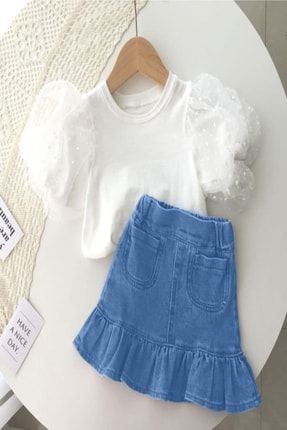 Kız Çocuk Kot Etek-puantiyeli Kolları Tül Detaylı Bluz SAM09