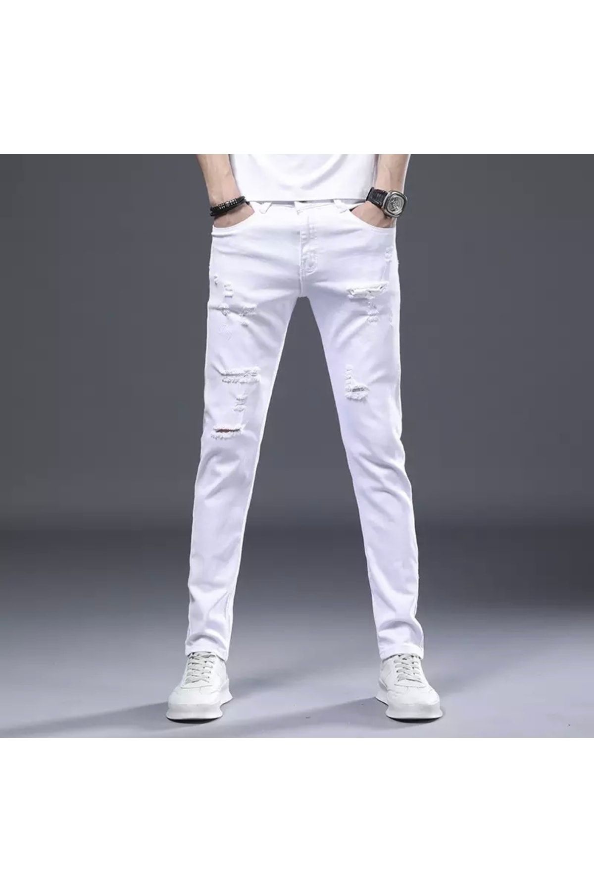 AMOR MAN Özel Tasarım Yırtık Detaylı Marjinal Slim Fit Erkek Jeans Kot Pantolon