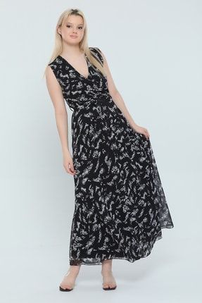 Siyah Kadın Kruvaze Yaka Iç Astarlı Desenli Uzun Şifon Elbise P-039688