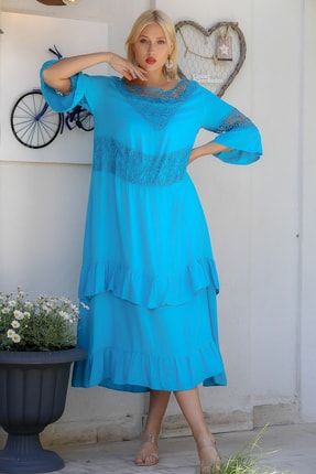 Kadın Mavi Kayık Yaka Gül Desenli Dantelli 3/4 Kol Volanlı Uzun Elbise M10160000EL93200