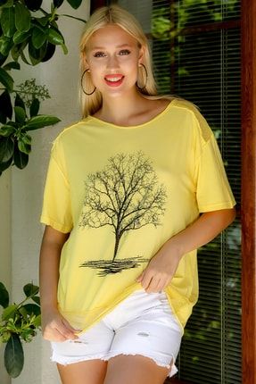 Kadın Sarı Yuvarlak Yaka Hayat Ağacı Baskılı File Detaylı Oversize T-Shirt M10010300TS98058