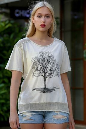 Kadın Bej Yuvarlak Yaka Hayat Ağacı Baskılı File Detaylı Oversize T-Shirt M10010300TS98058