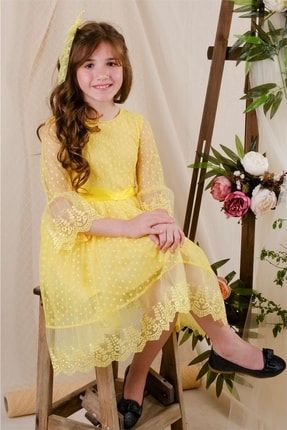 Sarı Tokalı Dantel Detaylı Kız Çocuk Elbisesi DANTEL-ELB