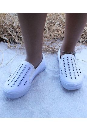 Kız Çocuk Beyaz Keten Babet Günlük Taşlı Ayakkabı SNX70013