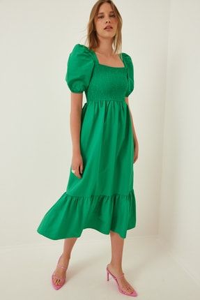 Kadın Yeşil Volanlı Kloş Poplin Elbise RV00040