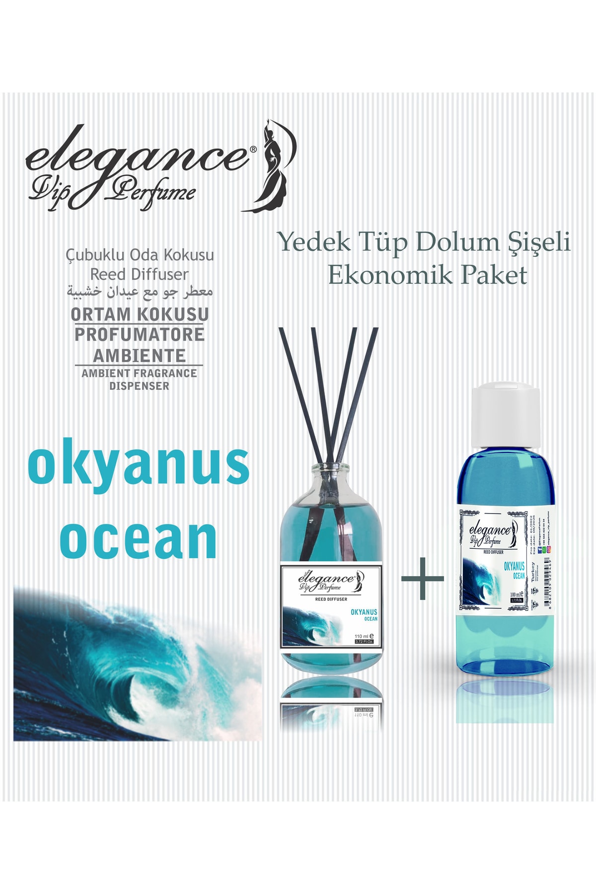 Özel Fiyat - Okyanus 110 ml - Çubuklu Oda & Ortam Kokusu Yedekli Dolum Şişesi Reed Diffuser