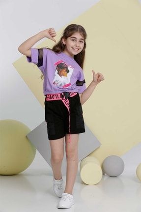 Kız Çocuk Şortlu Takım Cepli Şort Basic T-shirt SML.5107