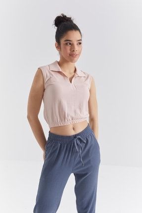 Somon Polo Yaka Beli Lastikli Kadın Bürümcük Crop Top T-shirt - 97223 T12BY-97223