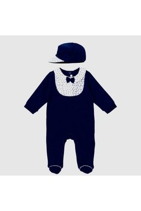 Erkek Bebek Denizci Detaylı Şapkalı Bebe Yaka Prematüre Yenidoğan Lacivert Beyaz Tulum Takımı 50002