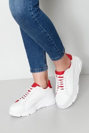 Beyaza Kırmızı Gön Hakiki Deri Yuvarlak Burun Dolgu Taban Bağcıklı Kadın Sneaker 24166 DYZA13424166