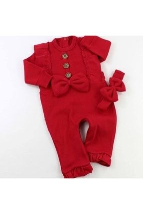 Kız Bebek Fiyonk Detaylı Ahşap Düğmeli Bandanalı Tulum Kırmızı TYC00296899638
