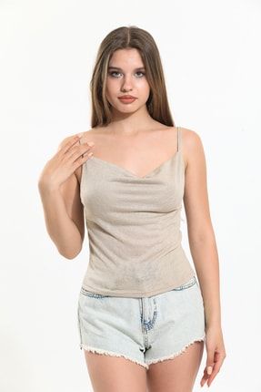 Kadın Bej Ip Askılı Degaje Yaka Bluz LOC-14