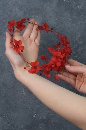 Kadın Aksesuar Kırmızı Mila Çiçek Dal Motifli Gelin Kına Tacı DGRSC-387