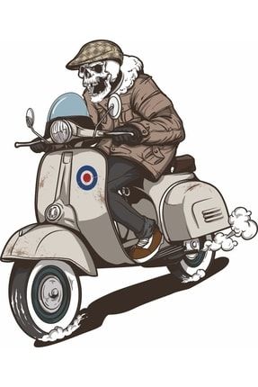 Vespa Kullanan Motorsikletli Iskelet , Kask , Laptop Ve Araç Sticker 13x11cm Beyaz krkf