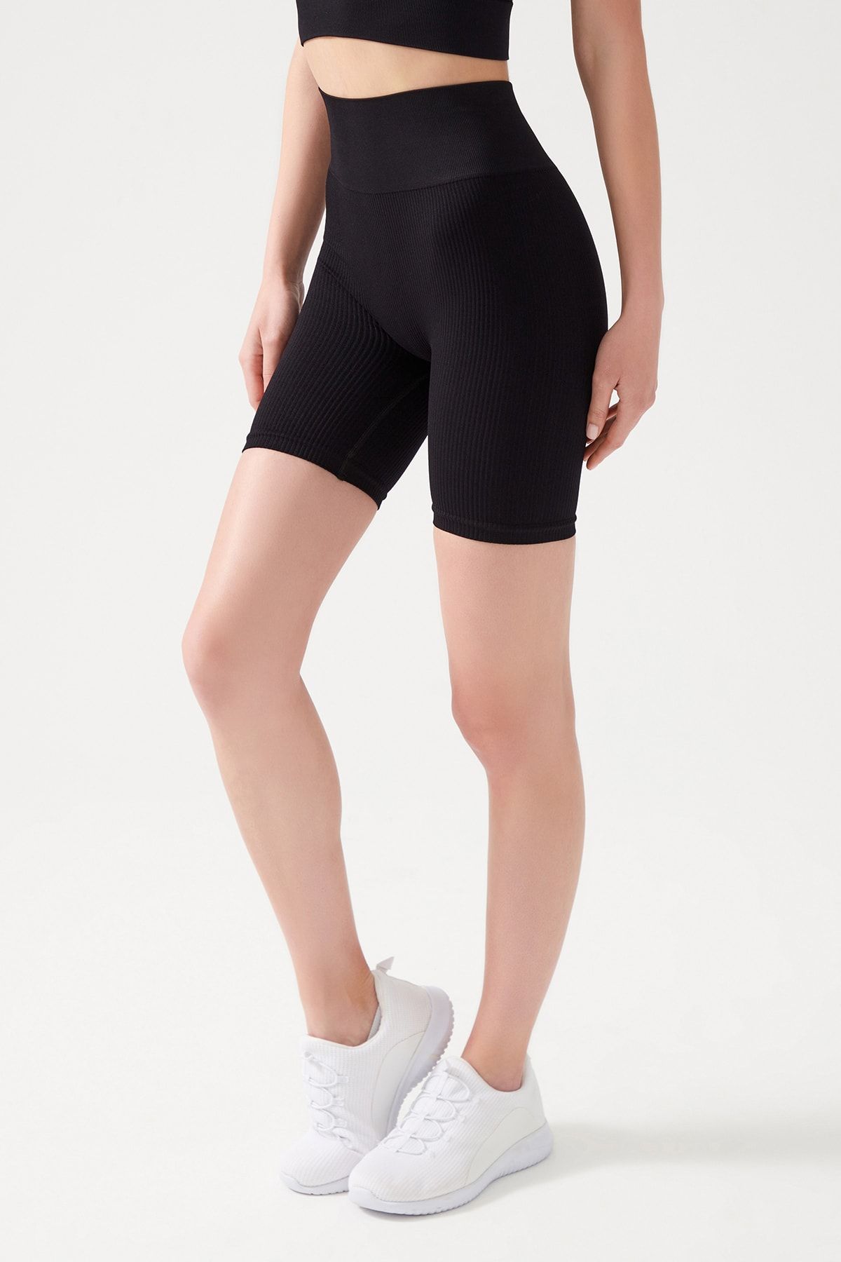 LOS OJOS Women s Black High Waist Ribbed Leggings Short Sports
