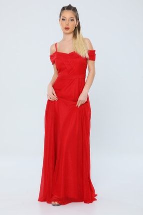 Kırmızı Kadın Askılı Düşük Omuz Detaylı Işıltılı Uzun Tül Abiye Elbise P-036884