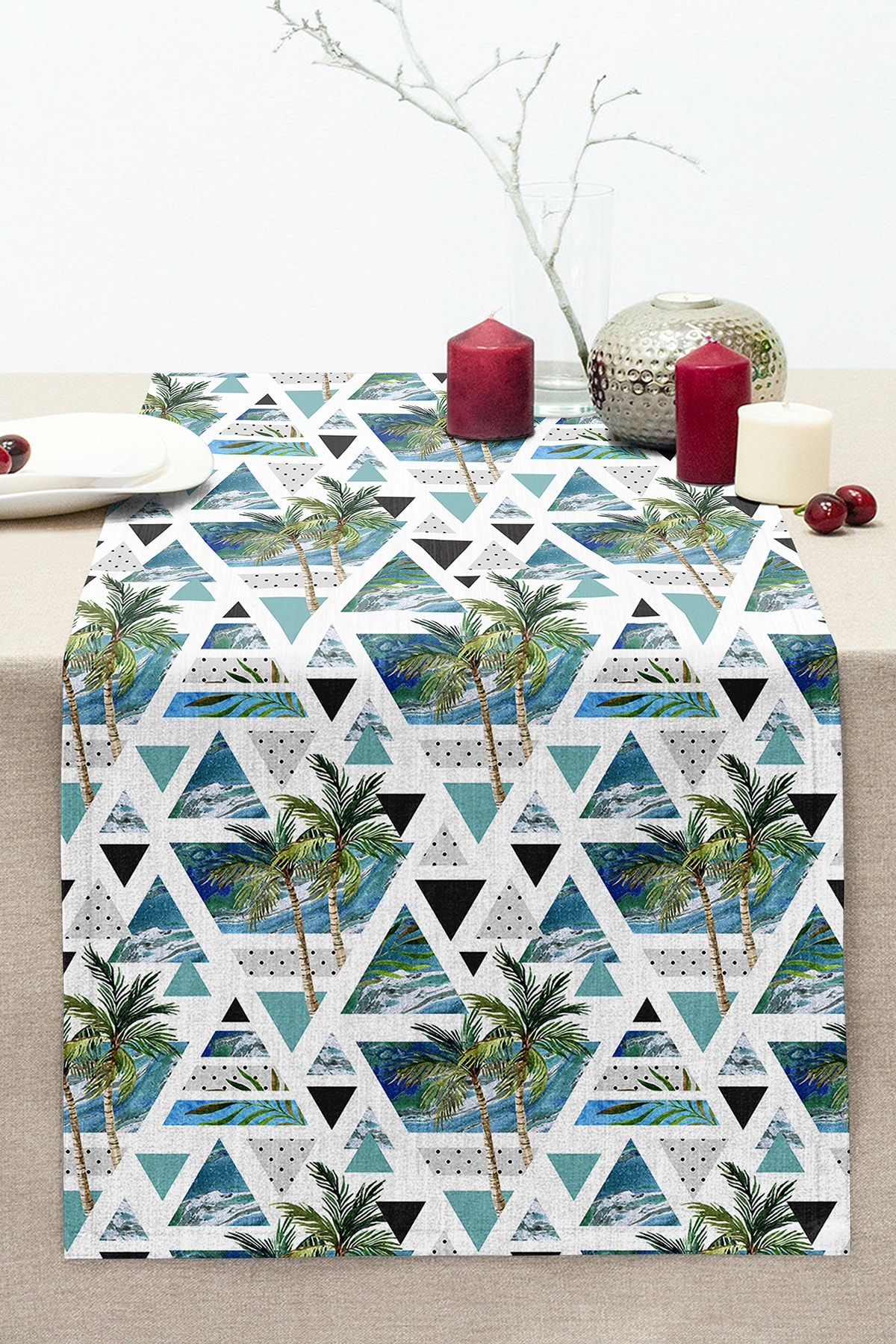 Realhomes Modele Cu Palme Geometrice Albastre Cusături Decorative Raschel Tricotat Runner - One Size