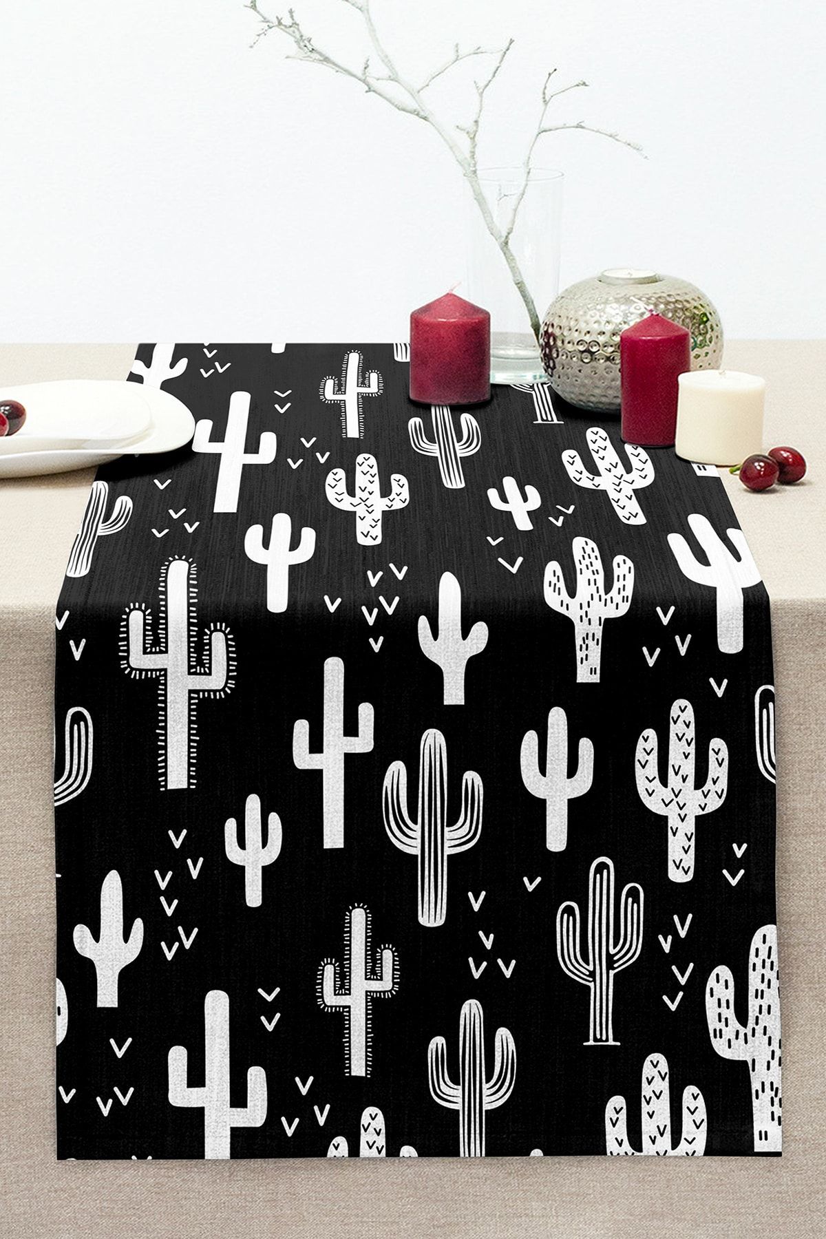Realhomes Fundal Negru Motiv Cactus Alb Cusut Raschel Tricotat Runner - One Size