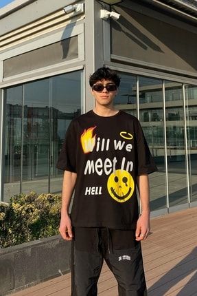 Meet In Hell Oversize Printed Siyah Tshirt FLAW-015-005-014