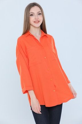 Orange Kadın Oversize Kapri Kol Çift Cepli Gömlek P-039767