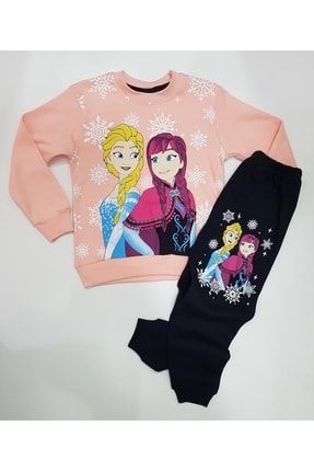 Kız Çocuk Elsa Anna Mevsimlik Pijama Takımı-%100 Pamuk-pembe el07p