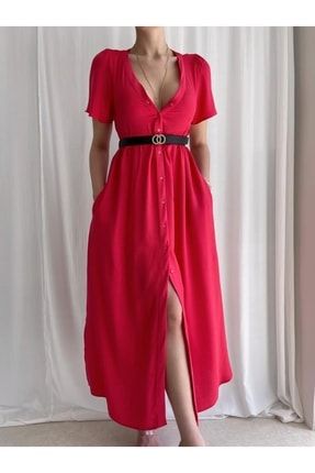 Kısa Kollu Önü Düğmeli Himberg Elbise - Kırmızı T3788
