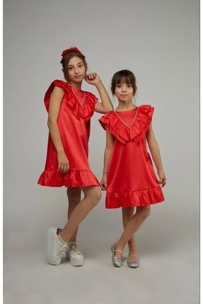 Kırmızı Taş İşlemeli Fiyonklu Saten Kız Çocuk Elbise NS2204