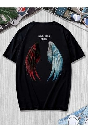 Erkek Siyah Oversize Devil-angel Baskılı T-shirt VBS-DEVILANGEL