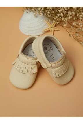 Hakiki Deri Lastikli Bebek Ayakkabısı Krem DRZ7105