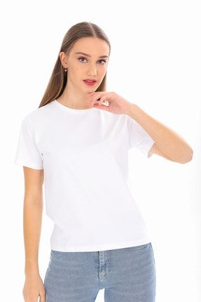 Beyaz Bisiklet Yaka Basic Örme %100 Pamuk T-shirt BKB