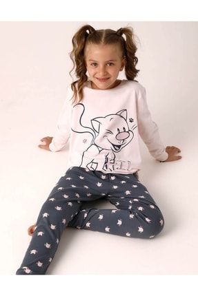 Kedi Baskılı Kız Çocuk Pijama - 10098