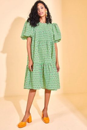 Kadın Yeşil Desenli Karpuz Kol Elbise 2YZK6-12769-08