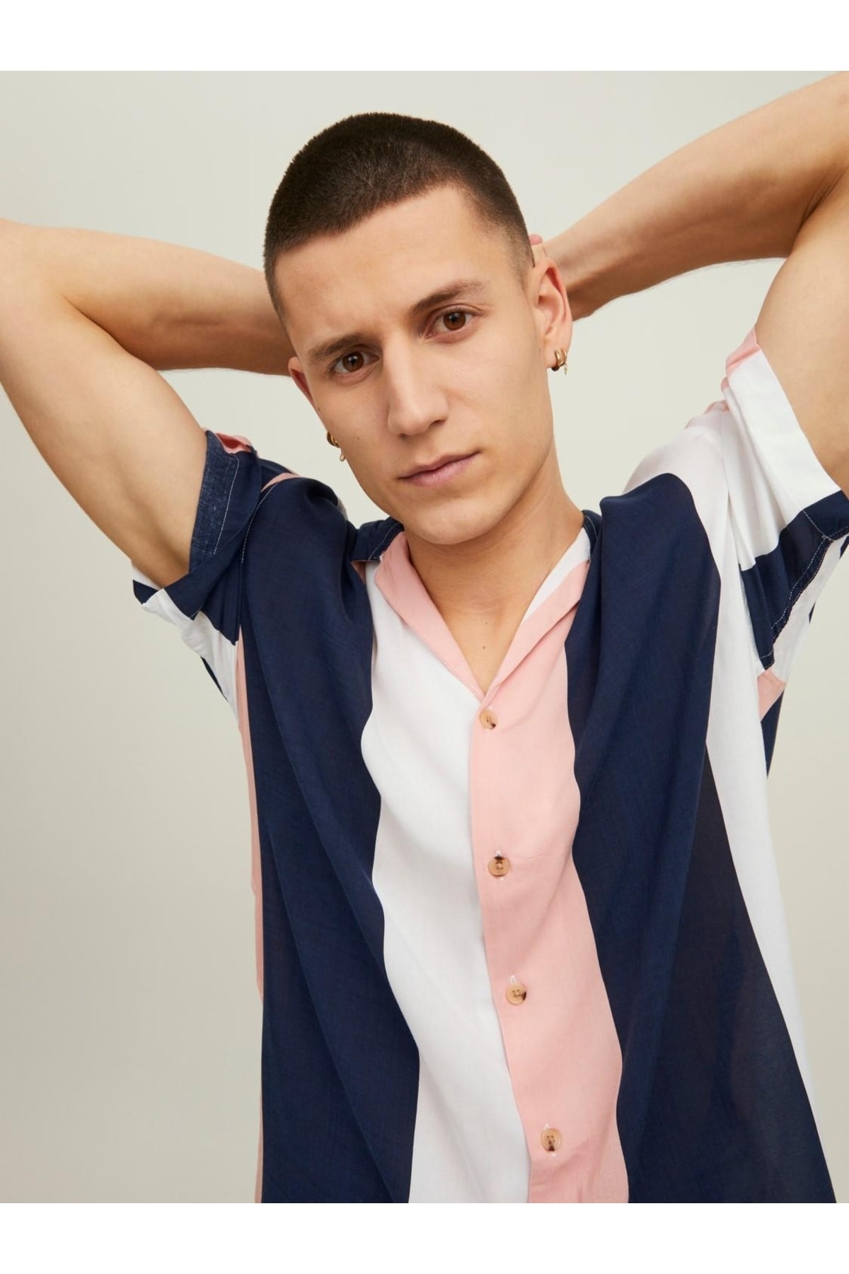 پیراهن جک اند جونز مردانه ویسکوز آبی سرمه ای  راه راه Regular/رگولار    بیسیک Beachwear | Jack & Jones 12207442 TR - تصویر 3