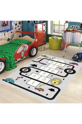 Araba Yollu Trafik Yolu Eğitici Seksek Oyun Halısı Dijital Baskılı Kaymaz Taban Çocuk Odası Halısı BFOTR2
