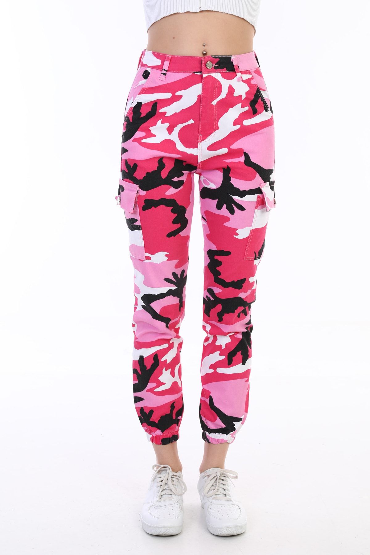 BİKELİFE Pink Camouflage Pattern Gabardine Trousers with Cargo Pockets