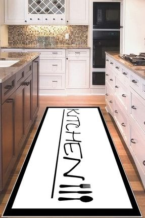 Beyaz Kitchen Yazılı Yıkanabilir Kaymaz Taban Leke Tutmaz Modern Mutfak Halısı Ve Yolluk MTFMDN5