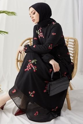 Lisa Çiçek Desen Baskılı Şifon Elbise - Siyah MS0000AN2258