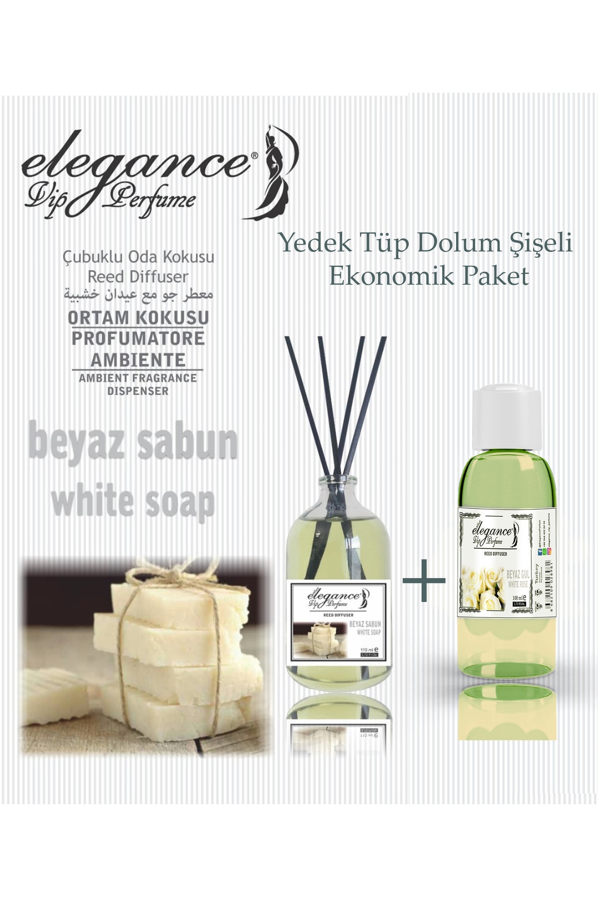 Elegance vip Perfume Beyaz Sabun 110 Ml - Çubuklu Oda & Ortam Kokusu + Yedek Tüp Dolum Şişeli
