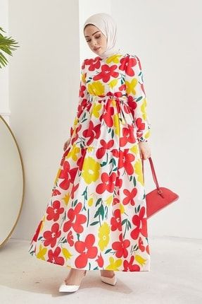 Leylak Çiçeği Desen Kuşaklı Elbise - Sarı MS00UM0209