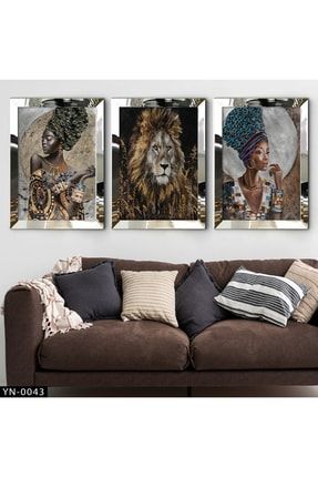 Afrikalı Kadınlar - Aslan Çizim - Gümüş Ayna Çerçeveli Tablo 3'lü Set-hyn-0043 HYN-0043