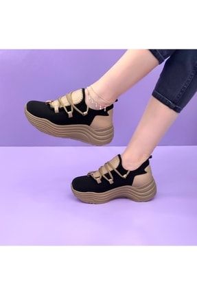 Altın - Mabel Bağcıklı Streç Kadın Spor Ayakkabı Soft Sole Taban Teknolojisi PRA-6093387-260465